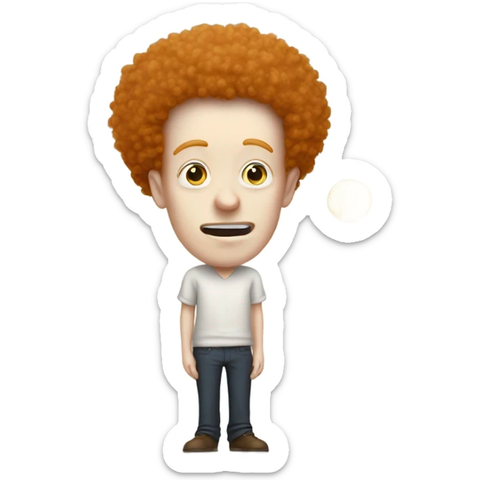 A very pale man with a ginger afro and a very large nose flipping a coin sticker