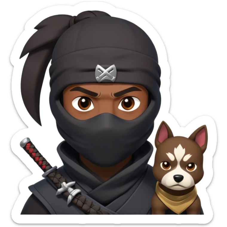 clash-of-clans-aesthetic_-cinematic-mysterious-male-ninja-portrait-emoji, rendered in a flat, vector-style with minimal shading and bold, simplified shapes,   with a head slightly turned revealing intense, focused eyes. the ninja is accompanied by a Ninken dog sticker