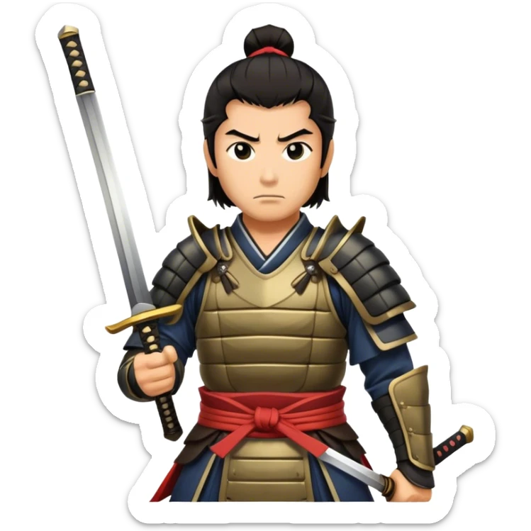 Cinematic Realistic Samurai Pop Culture Emoji, depicted with a noble, stoic portrayal of a samurai warrior rendered with crisp detail and dramatic, traditional lighting. sticker