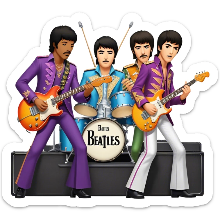 Rock music icon: vibrant stage with electric guitars, drums, and amplifiers. Collage of rock legends—The Beatles, Jimi Hendrix, and Elvis Presley—capturing the rebellious spirit and timeless energy of rock music. Transparent background. sticker