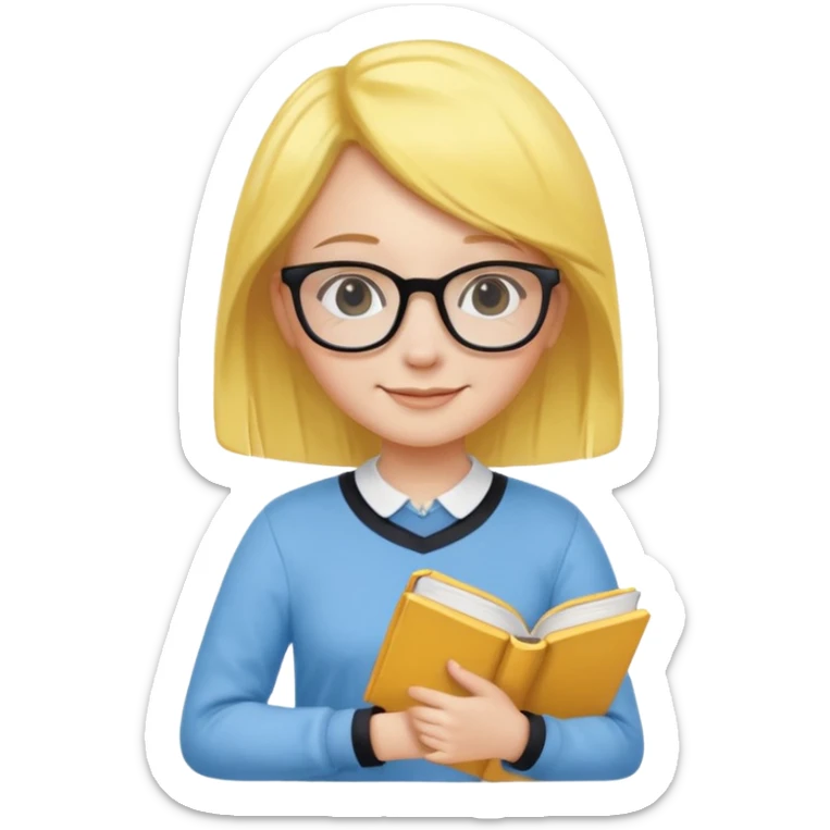 A smart and cute girl with yellow bobbed hair, wearing sky blue clothes,
I hold a book in one arm. There is a pen in the book.
He is wearing black-rimmed glasses and smiling brightly. sticker
