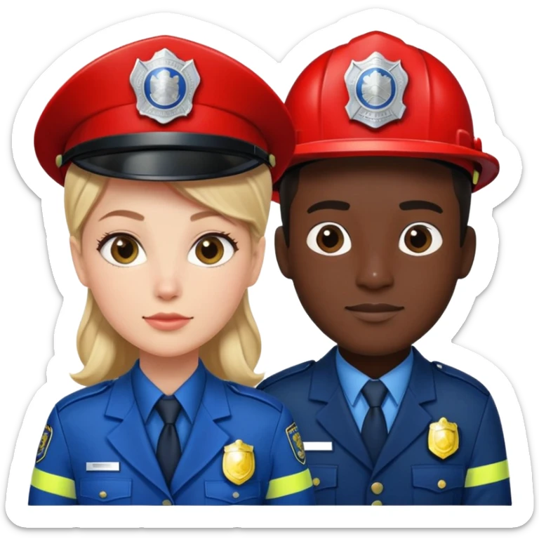 female white policeman in a blue suit and male black fireman in a red suit sticker