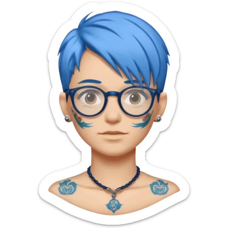 character with blue hair, glasses, and a tattoo on the neck sticker