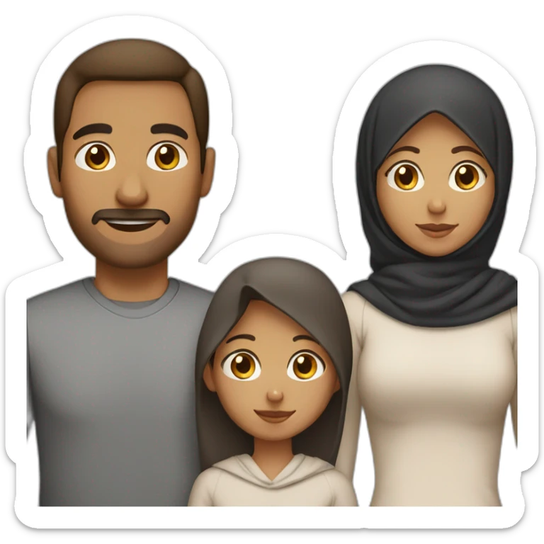 family of four, mom, dad, and two children, medium brown skin, dark hair, only the mom is wearing hijab sticker