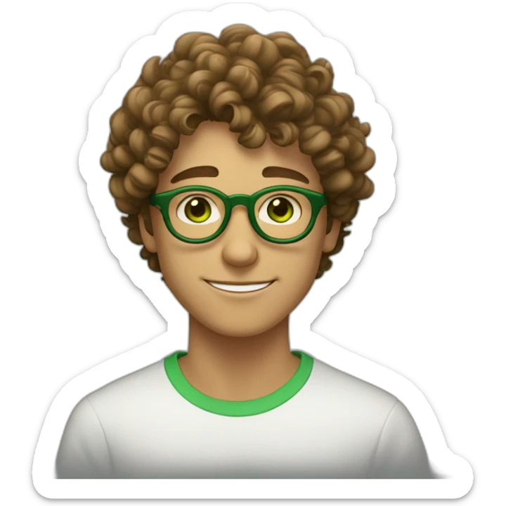 light tanned skin 19 year old guy with green eyes and curly brown hair and circular green glasses sticker
