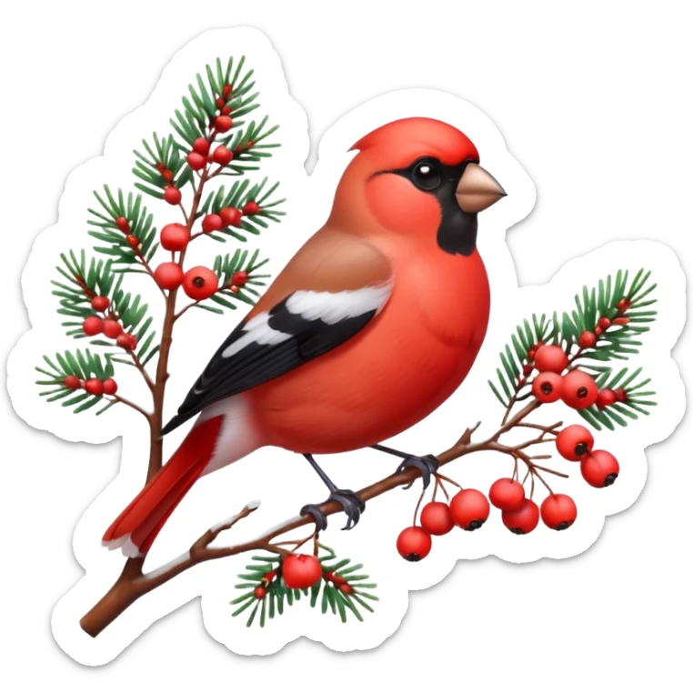 3D emoji of a bright red bullfinch bird (Snegir) sitting on a pine branch covered in fluffy white snow and red frozen rowan berries. Vibrant colors, soft feathers texture, glossy 3D icon style, Apple aesthetic, isolated on a solid white background, studio lighting. sticker