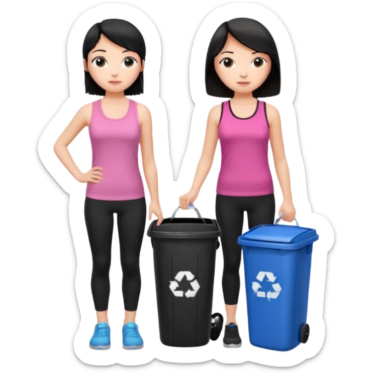 generate a genmoji of a black haired girl in a pink tank top and black leggings holding a black trash bag. Standing with her is a brunette girl in a similar blue tank top and black leggings.
Standing in front of a dustbin sticker