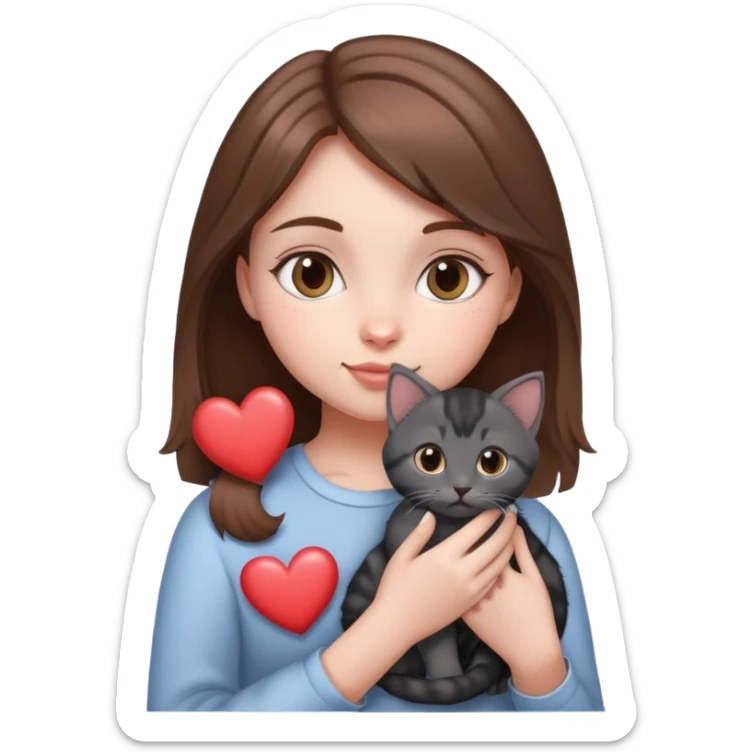 Girl with brown hair holding a grey and black kitten with,  love hearts around them like this emoji 🥰 sticker