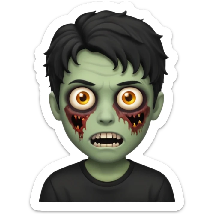 a boy with wavy hair, a zombie-shaped mouth piercing hum, and black hair with a black shirt too sticker