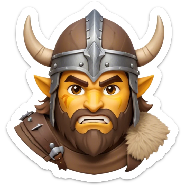 Clash of Clans aesthetic: Cinematic Fierce Barbarian Portrait Emoji, Poised and bold with a rugged yet cartoonish build in tattered furs and a horned helmet, his face rendered in a natural skin tone (not yellow), expressive bright eyes and a confident smirk, Simplified yet dynamic features, highly detailed, glowing with a vivid, adventurous aura, high shine, heroic and spirited, stylized with an air of medieval warrior charm, focused and energetic, soft glowing outline, capturing the essence of a fearless barbarian adventurer ready to lead his clan with spirited valor! sticker