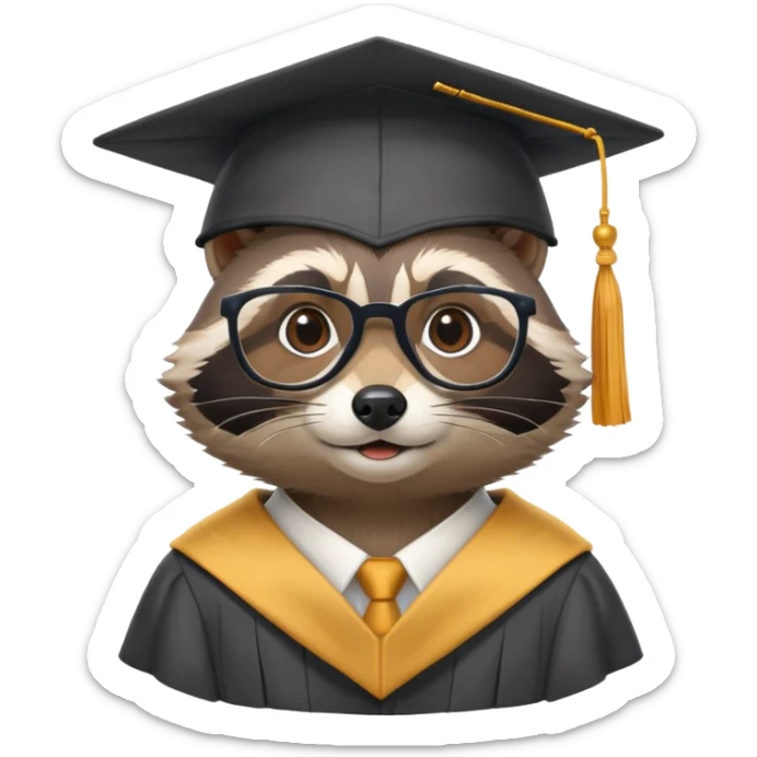 raccoon professor wearing glasses and academic cap, scholarly raccoon with graduation cap sticker