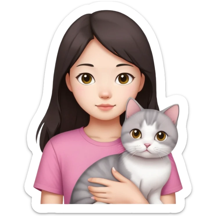 Chinese girl with dark brown half long hair wearing pink t shirt holding a British shorthair white cat  sticker