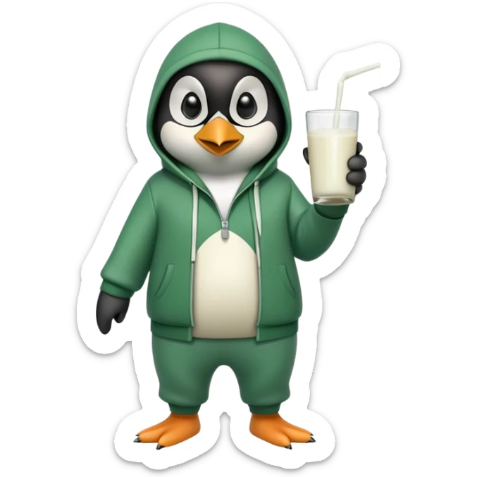 full body portrait of a friendly anthropomorphised penguin wearing a green mafia-style tracksuit, angry, intense brooding posture, holding a glass of milk sticker