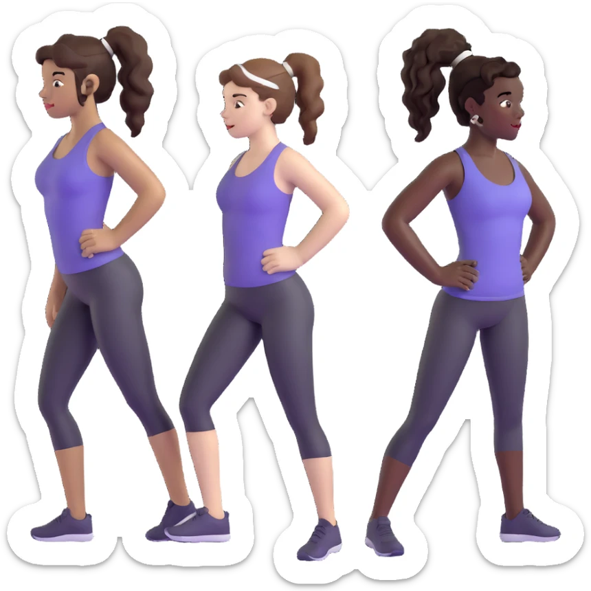 3 women exercising. The woman on the left has pale white skin and curly brown hair in a ponytail. The woman in the middle has black skin and curly black hair. The woman on the right has pale white skin and straight, brown hair in a ponytail. sticker