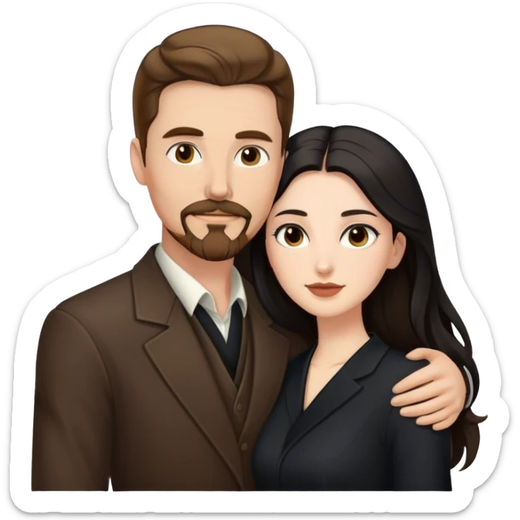 tall white man with brown hair goatee mustache embracing a pale woman with long black hair, wearing elegant clothing, standing portrait sticker