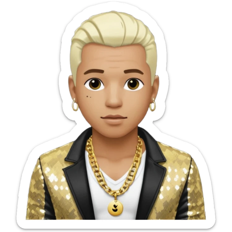 Sisqó with platinum blonde hair, black sequin jacket, shirtless with necklace sticker