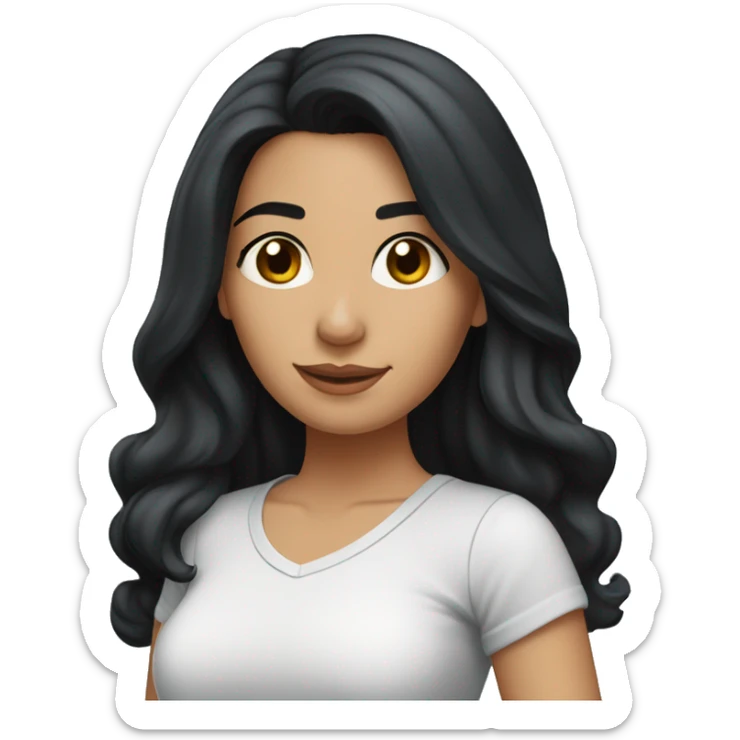 A head and shoulders shot of a 33 year old Hispanic woman, with long black hair,   with brown eyes wearing a t-shirt. sticker