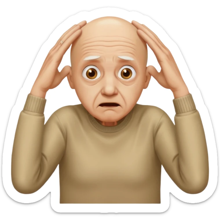 A bald person who’s very old is staring, he’s inside a toilet and his head is upright and looking at the camera with very wide eyes and his hands are putting pressure on his head, very scared expression and he’s twerking sticker