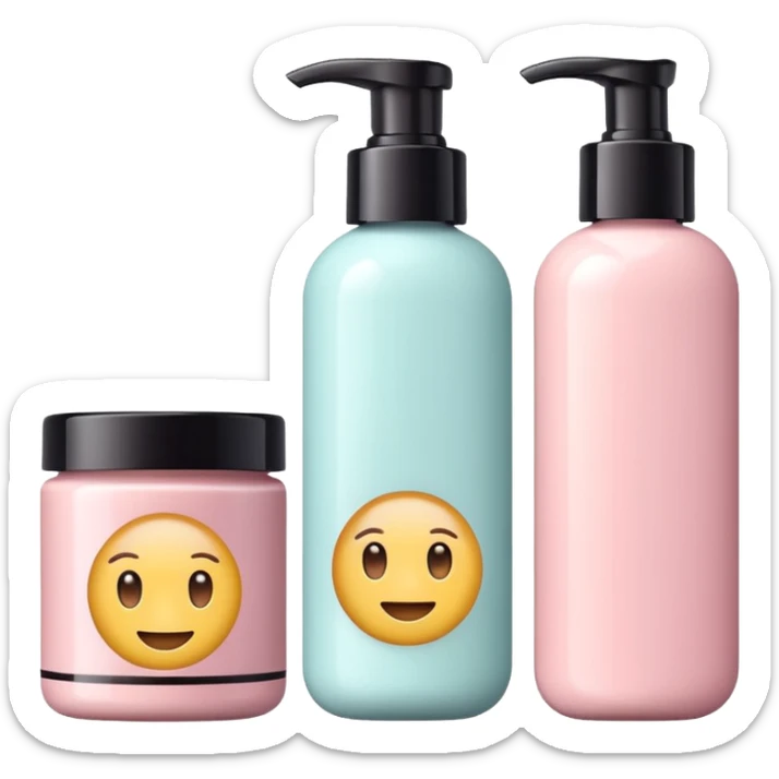 emoji of three different beauty products, with brand labels, minimalistic but luxury design (realistic), pastel colors sticker