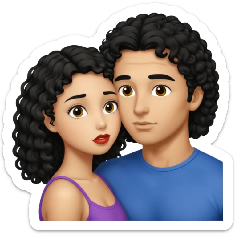 a strong man with straight short black hair kissing a shorter girl with long black curly hair sticker