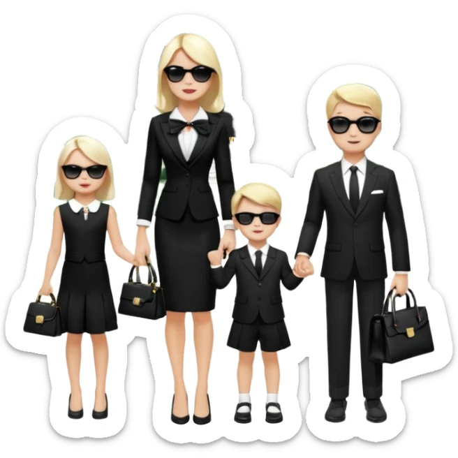 Create a scene of a rich family with Ravza Tulip in a black and white dress with a ribbon at the back holding a Birkin handbag, Justin James in a sharp business suit with sunglasses, standing with their happy children in front of their mansion, showing elegance, wealth, and sophistication. sticker