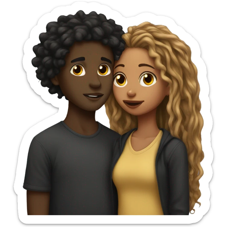 Brown girl with wavy hair kissing black boy who has dreads  sticker
