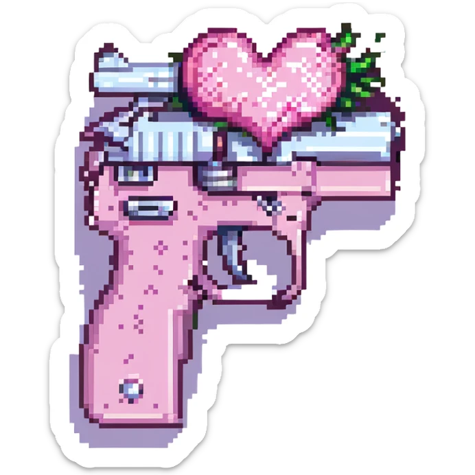 Add sparkling glitter details to the pixel art pink heart pistol, keeping the simple and retro look, with no background. sticker
