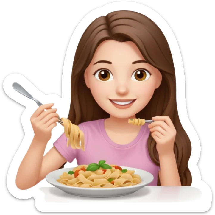 smiling white long brunette hair girl with hazel eyes in light pink with pasta sticker