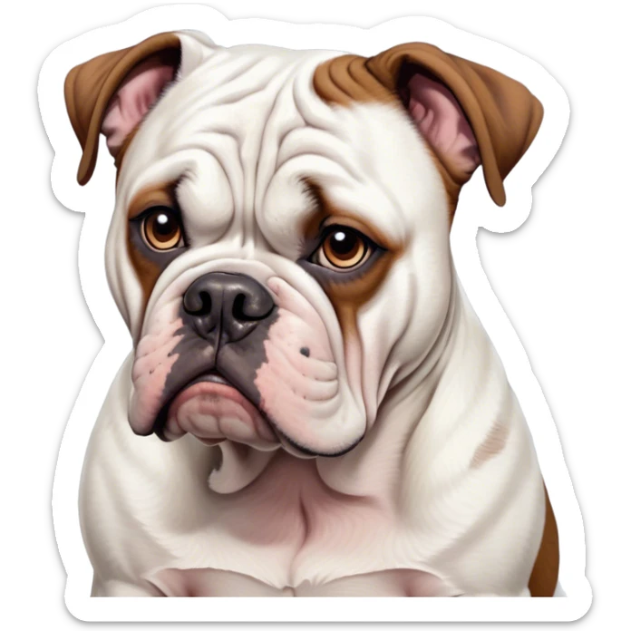 Cinematic Grumpy White and Brown American Bulldog Portrait Emoji, Head tilted slightly with a deeply unimpressed expression, thick white fur with dark brown patches and a furrowed brow, large, droopy eyes narrowed into an unamused glare, jowls slightly sagging in exasperation, Simplified yet comically expressive features, highly detailed, glowing with a dry, sarcastic glow, high shine, effortlessly judgmental yet dignified, stylized with a touch of cynicism, bright but brooding, soft glowing outline, capturing the essence of an eternally unimpressed yet endearing pup, so lifelike it feels like it could sigh heavily at you in disdain at any moment! sticker