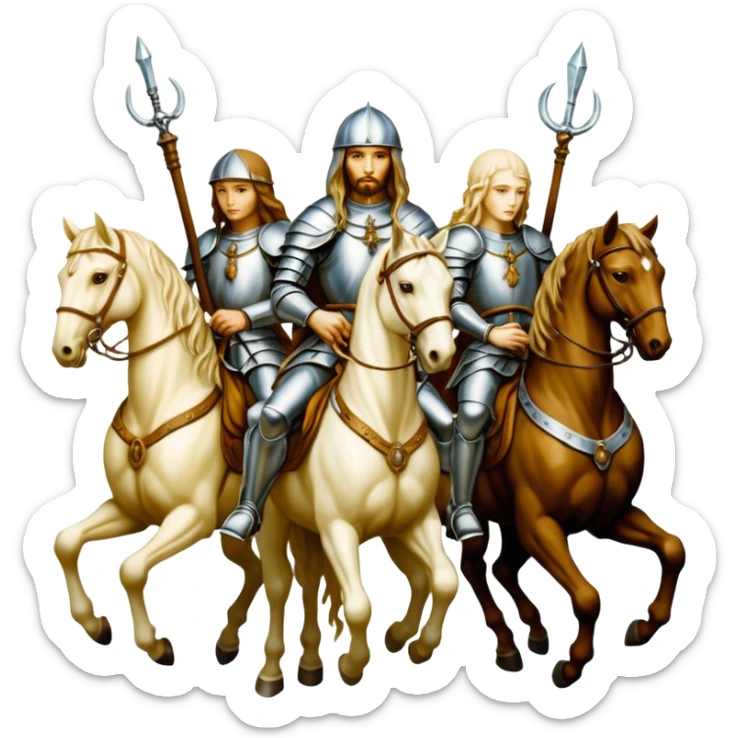 aesthetic shiny glowing divine lighting, oil paint - ivory The Four Horsemen of the Apocalypse, based on a graphic by Albrecht Dürer sticker