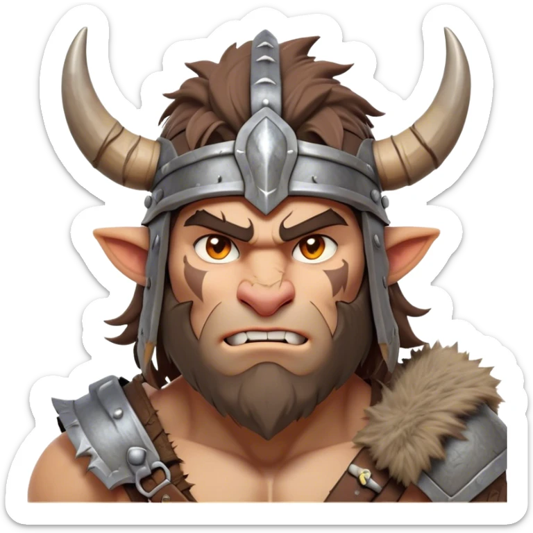 Clash of Clans aesthetic friendly Barbarian Portrait Emoji, Poised and bold with a rugged yet cartoonish build in tattered furs and a horned helmet, his face rendered in a natural skin tone (not yellow), expressive bright eyes and a confident smirk, Simplified yet dynamic features, highly detailed, glowing with a vivid, adventurous aura, high shine, heroic and spirited, stylized with an air of medieval warrior charm, focused and energetic, soft glowing outline, capturing the essence of a fearless barbarian adventurer ready to lead his clan with spirited valor! sticker