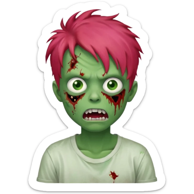 Boy, zombie, red messy hair, green skin, pink eyes, white t-shirt, open mouth with crooked teeth, tired expression. sticker