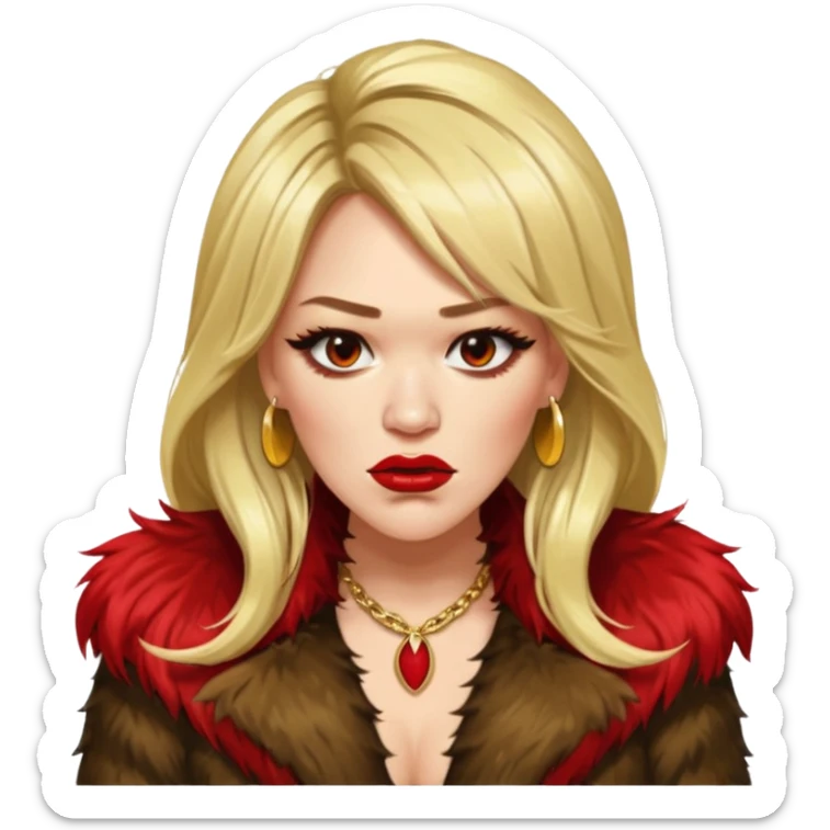 Cinematic Realistic Ultra HD -  Angry, High Nose - Glamor Plunge Hilary Duff Extreme Long Long Hairstyle in Shaggy Fur Coat with Gold Flash sticker