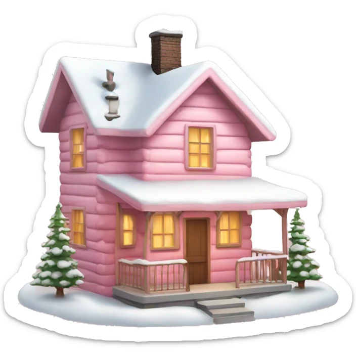 light pink cabin with snow with lights with smoking chimney and pink christmas tree sticker