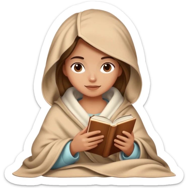 Una chica con una manta leyendo un libro y un café en la mano sticker