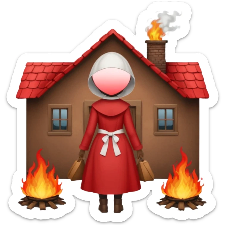 handmaids tale style woman burning house down walking away from house. shes wearing the nun hands maid tale hat cant see her face with brown hair shes wearing the red handmaids tale costume with white bonnet sticker