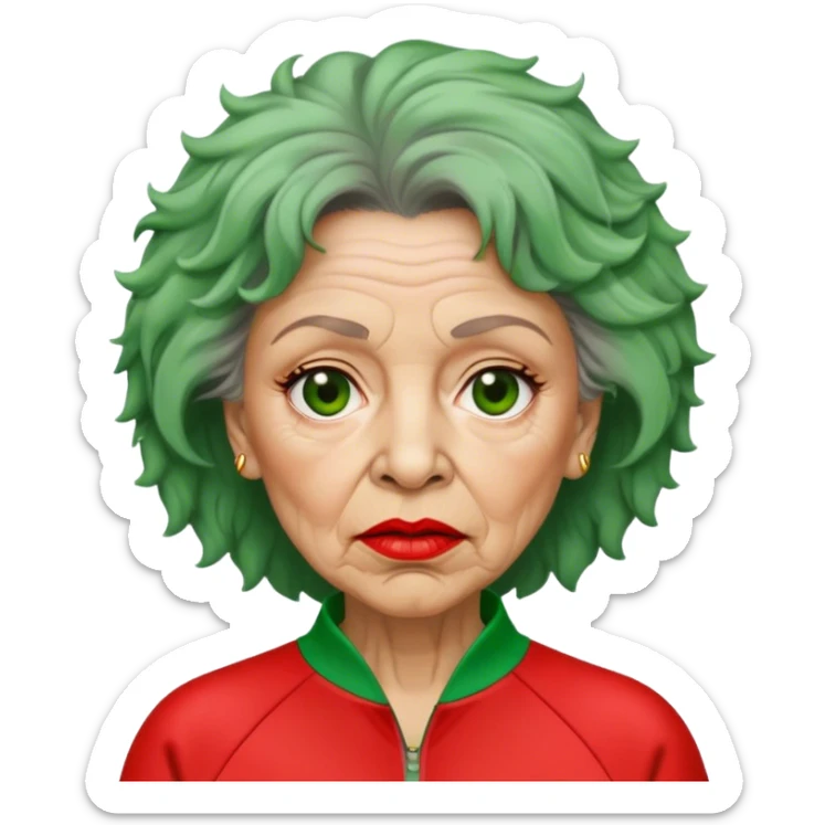 Han Mi-nyeo : Age: Late 60s
Appearance: A middle-aged woman with wrinkles, frizzy, messy brown hair and dramatic red lipstick.
Outfit: Green player tracksuit sticker