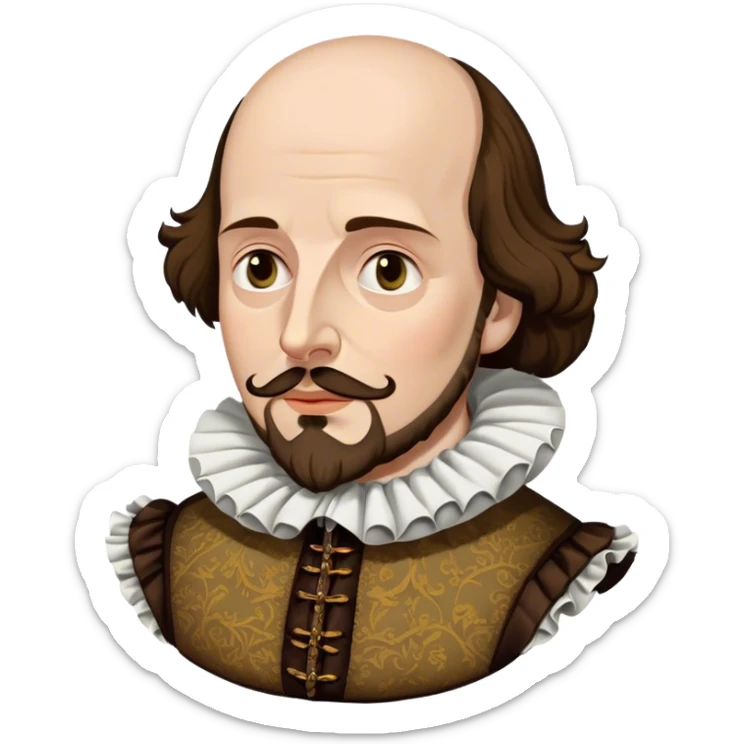 Cinematic Realistic portrait of William Shakespeare, depicted as an iconic playwright in richly detailed Elizabethan attire with a ruffled collar, expressive eyes, and a thoughtful gaze, bathed in dramatic historical lighting that evokes the Bard’s timeless legacy sticker