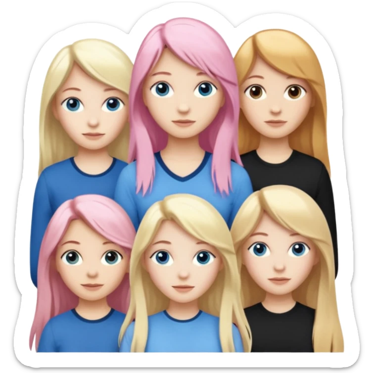 Girlfriend emoji - include 1 white girl with long light pink hair and blue eyes, 1 white girl with brown eyes and medium honey blonde hair, and 2 white girls with brown eyes and long dark brown hair, 1 white girl with blue eyes and light blonde hair,  sticker