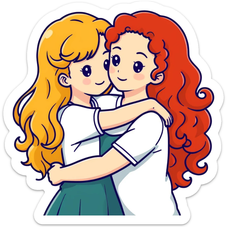 A girl with straight long blonde hair hugging a girl with red curly hair  sticker