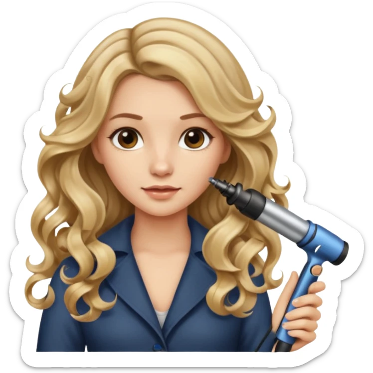 pretty girl with long wavy dirty blonde hair holding a curling iron, curling her hair  sticker