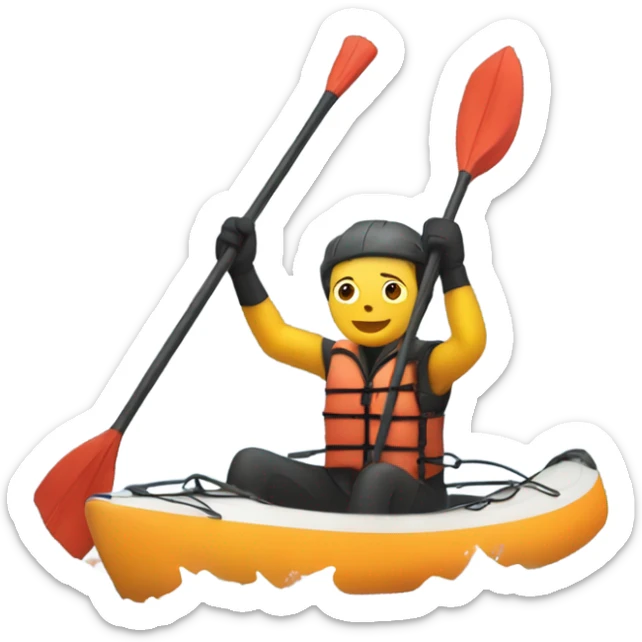 “Design an emoji of a person in a kayak, wearing a life jacket, holding a paddle, on calm water.” sticker