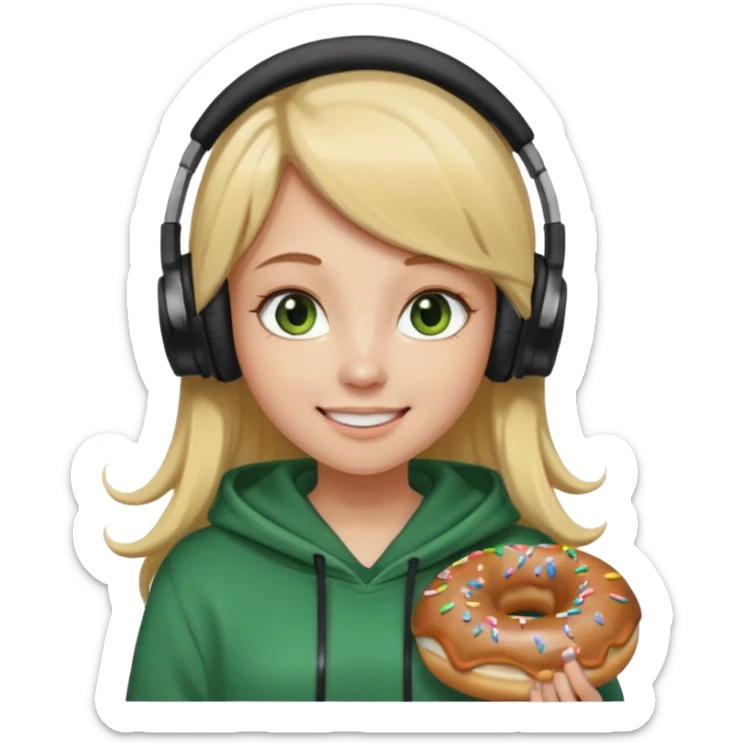a girl with long brown hair blonde ends green and wearing black headphones she is wearing a cream coulor baggy hoddie she is happyish holding a donut sticker