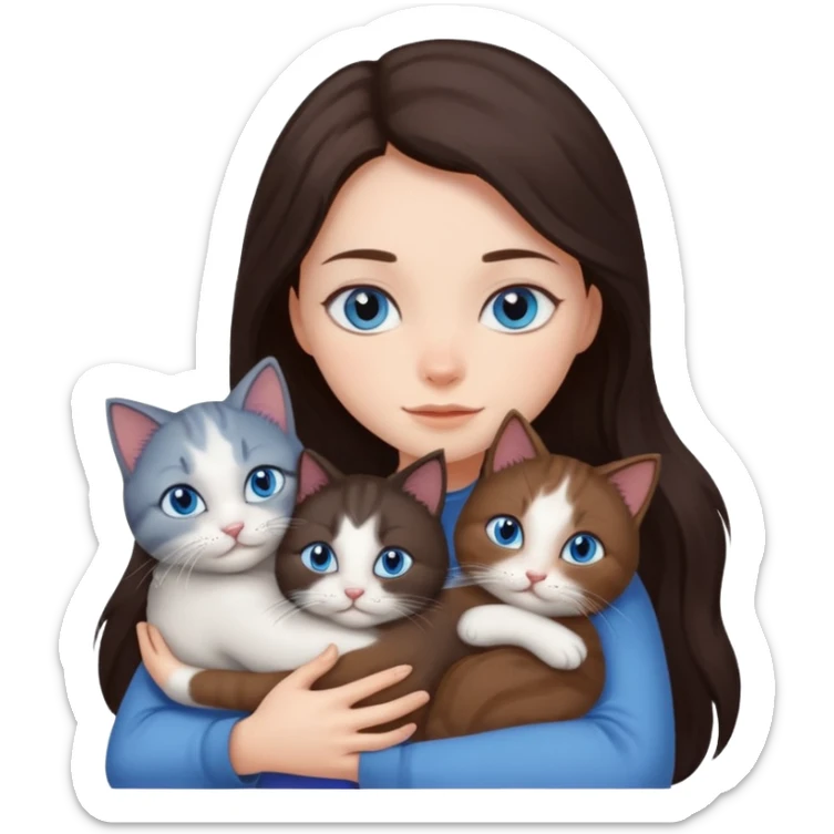 a girl with long dark 
brown hair, with blue eyes, hugs 3 different natural coloured cats sticker