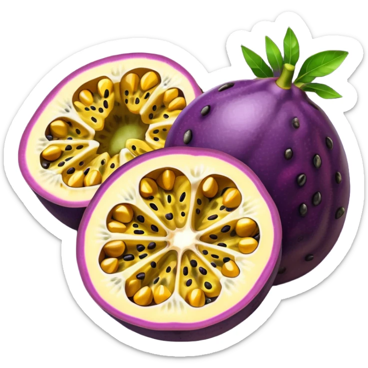 whole round purple passion fruit with slightly wrinkled matte skin next to a halved piece exposing vibrant yellow pulp filled with glossy black seeds juicy jelly-like texture bold contrast between rind and interior no leaf spoon or extras soft lighting subtle shadows emoji scale sticker