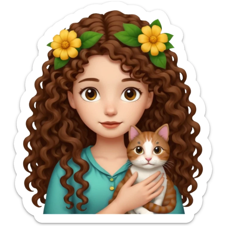 Girl with long curly hair holding cat With flower in hair  sticker