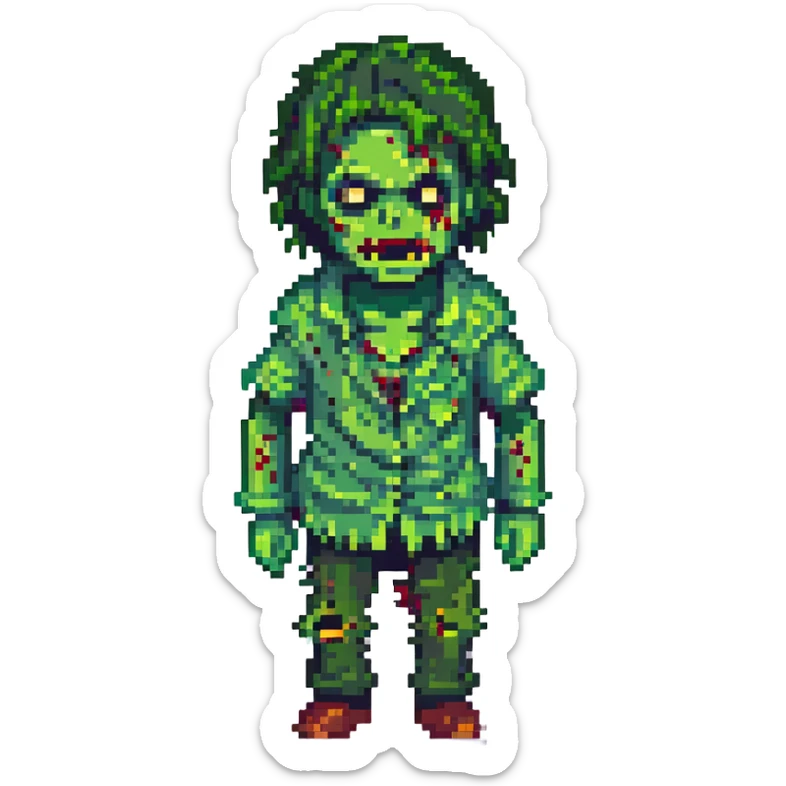 homem zumbi, estilo pixel art, pele verde, olhos brancos, roupas rasgadas sticker