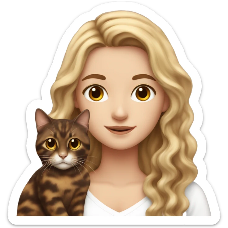 White girl with brown long wavy hair holding a tortoiseshell cat sticker