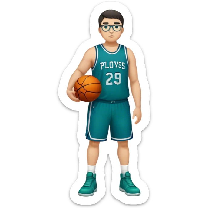 Full Body plus size white male with dark short hair basketball player wearing glasses wearing blue green uniform sticker