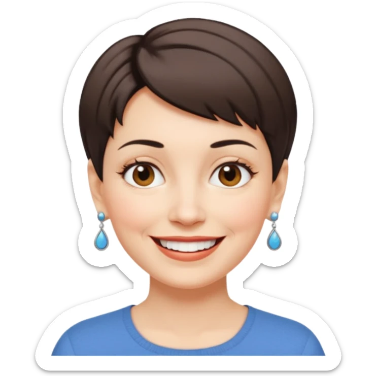 middle-aged woman with short hair, white skin, small earrings, smiling, lots of personality sticker